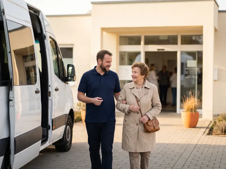 Fahrer begleitet eine ältere Frau vom Kleinbus zum Eingang einer Arztpraxis