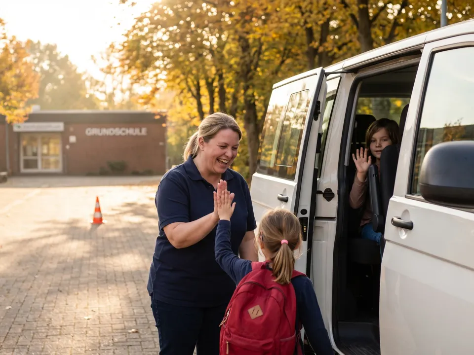 Fahrerin klatscht ein Schulkind vor dem Kleinbus ab, ein weiteres Kind winkt aus dem Fenster