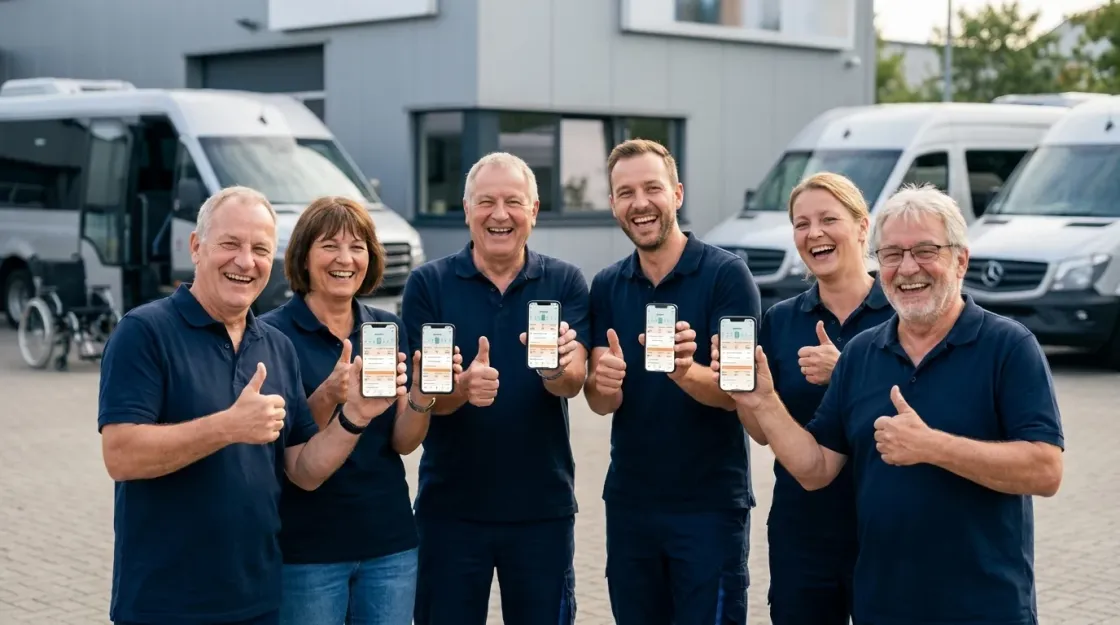 Team eines Fahrdienstes vor den Fahrzeugen, mit der Vermo-App auf dem Smartphone